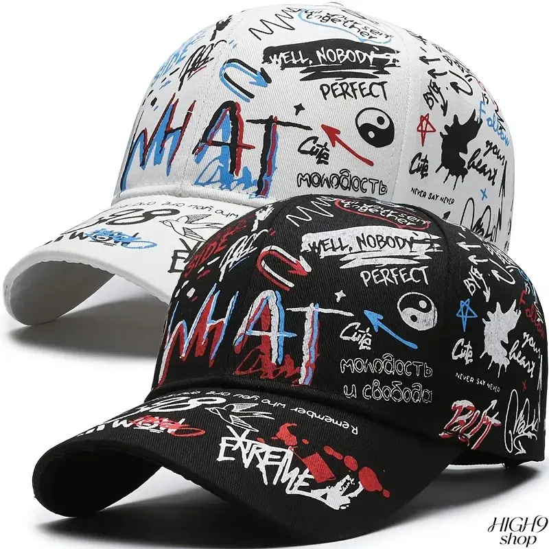 2 Pack Graffiti Print Baseball Cap, Trendy Sun Protection Adjustable Hat, All Seasons Outdoor Sports Travel Leisure Headwear for Men & Women