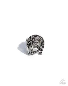 Noble Steed - White Rhinestone Silver Horse Horseshoe Ring - Paparazzi