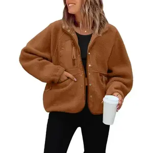 Women  Fall Winter Fleece Jacket Long Sleeve Casual Button Fuzzy Sherpa Cropped Coats Outerwear with Pockets