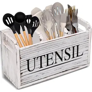 Rustic White Wooden Kitchen Utensil Holder with Drawer – 3-Compartment Cooking Utensil Organizer for Countertop, Farmhouse Flatware Storage Box