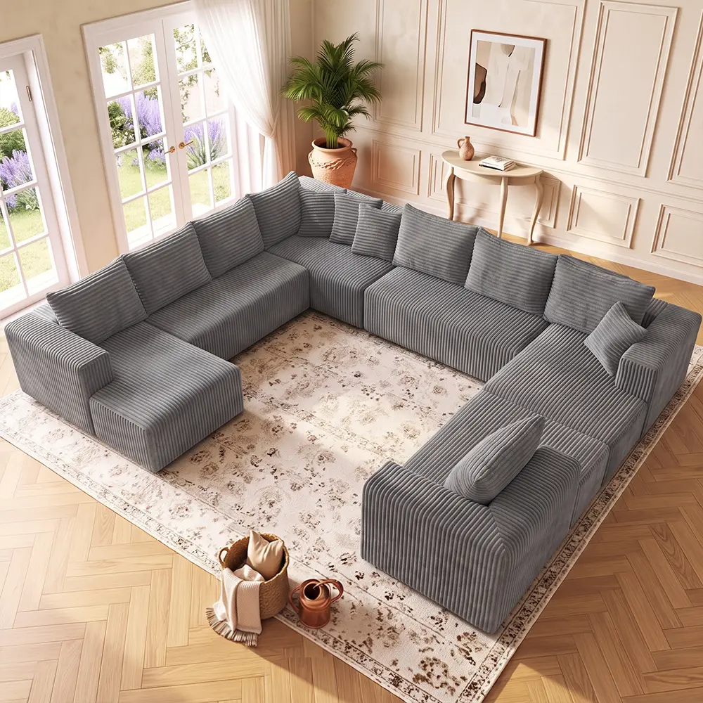 U-Shaped Corduroy Sectional Sofa, Large Modular Corner Couch For Big Living Room, Free Shipping,modular gray corduroy sectional sofa、large u-shaped living room couchHomeFinds ,LivingRoomDecor ,SectionalSofa