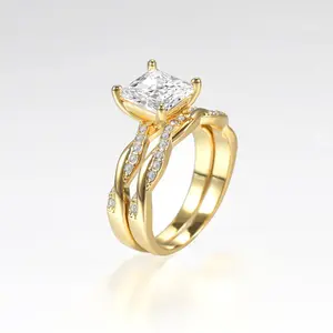 VOWSERING Luxury 1.5CT Square CZ Yellow Gold Plated Wedding Ring Set for Women Cubic Zirconia Engagement Band Hypoallergenic Tarnish Resistant Perfect for Weddings Anniversaries & Gifts
