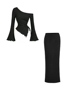 High-waisted ribbed knit skirt set, Long Sleeve, elegant women's long, fitted, solid black ribbed knit skirt for professional office wear in spring and autumn, Womenswear