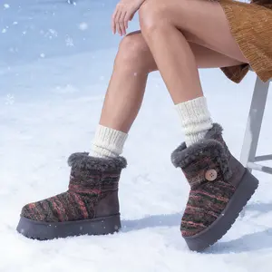 womens snow boots knitted faux fur winter ankle boots button decorated platform non slip slip on indoor outdoor shoes