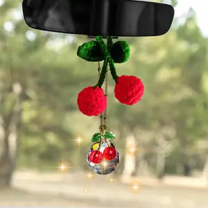 Cute Cherry Rear View Mirror Accessories, Cherries  Decor Accessories For Women,  Suncatcher Rear View Mirror Hanging Ornament, Crochet  Decor For Women, Suncatcher  Charm (Cherry)