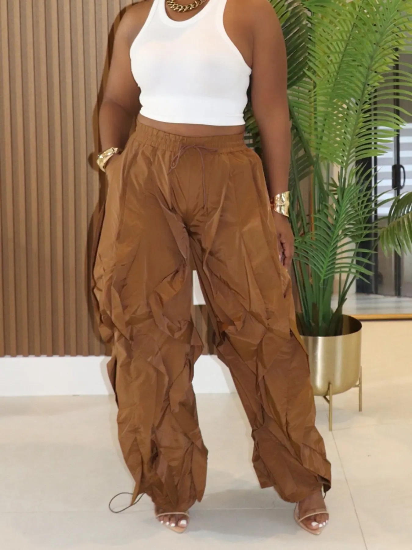 Women's Casual Wide Leg Pants, High Waist Drawstring Waist, Ankle Length, Loose-Fitting, Fringe Design, All Seasons, Plain Pattern