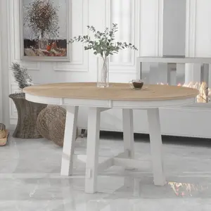 Farmhouse Round Extendable Dining Table with 16" Leaf Wood Kitchen Table (Oak Natural Wood + Antique White), Multi-Purpose Table for Writing, Dining, and Workstation, Suitable for Office and Home Office Use