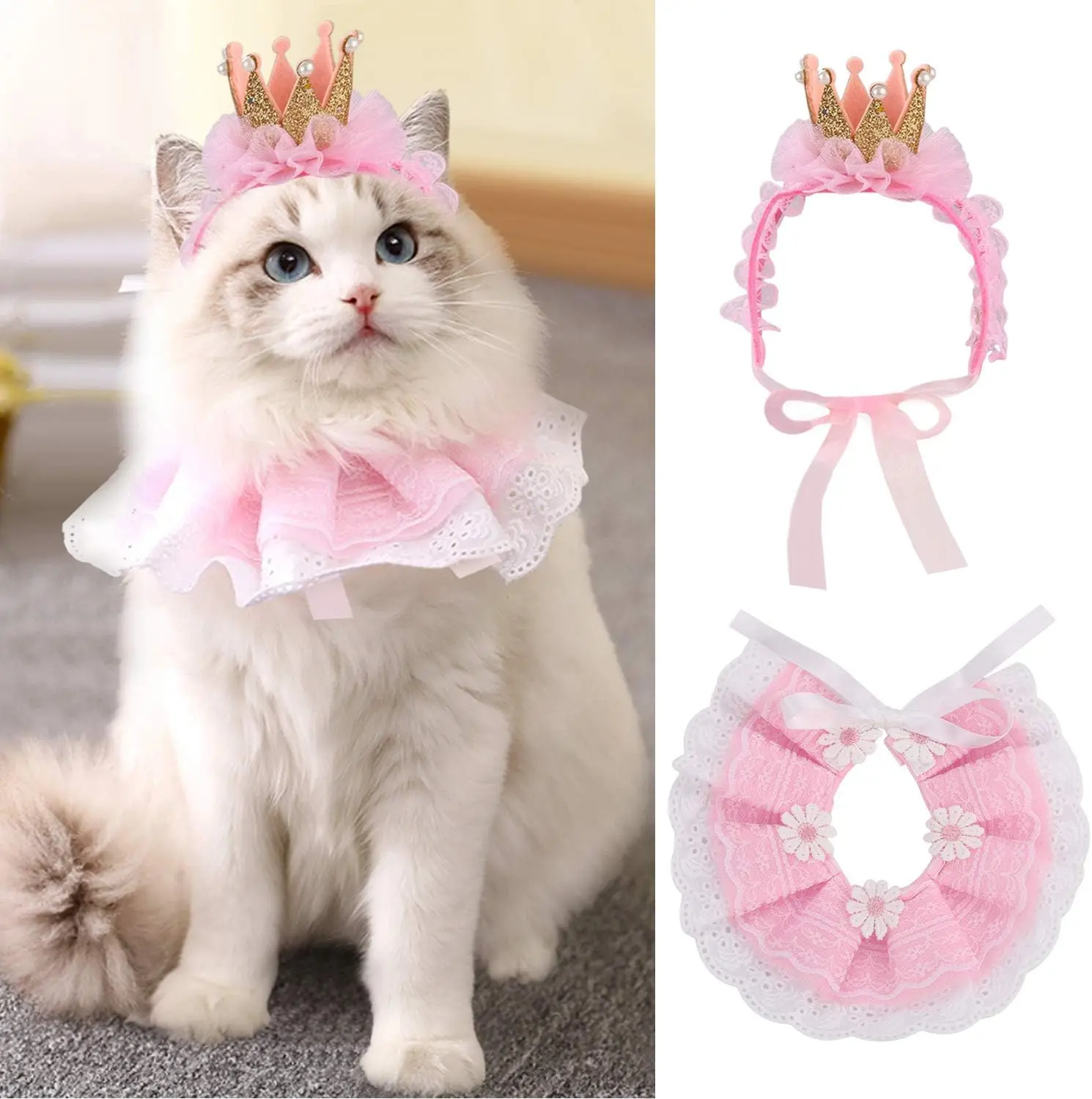 Cat Princess Costumes Pink Cat Crown Hat & Lace Bandana Scarf Set