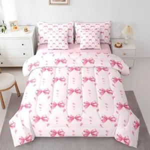 Girls Pink Bow Comforter Bed Set with Sheets,Pink Ribbon Bow Tie Bedding Set,7 Piece Kids Teen Women,Girly Princess Bowtie Bed Bag,Kawaii Preppy Sheet