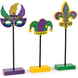 3 Pieces Mardi Gras Tiered Tray Decor Wood Set, Glitter Mardi Gras Table Decor,Rustic Mardi Gras Table Decorations for Party Home Room