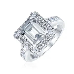 Classic 4CTW CZ Halo Emerald Cut Engagement Ring Sterling Silver Pave Band
