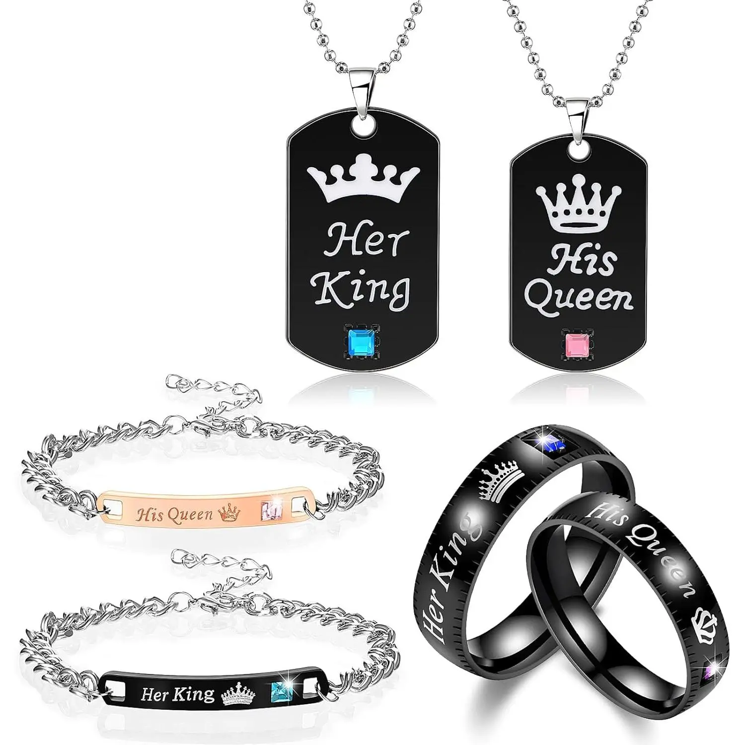 6-Piece Couples Matching Jewelry Set, His Queen Her King Titanium Stainless Steel Necklace, Bracelet, and Ring with Love Heart Pendants, Non Tarnish, Non Tarnish Jewelry