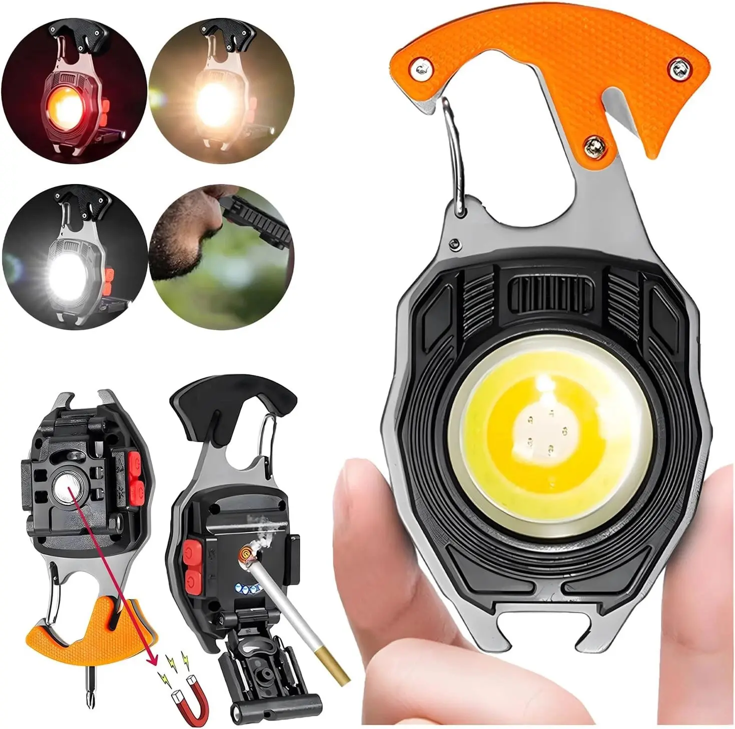 (2 Pack) Mini EDC USB-C Rechargeable Keychain Flashlight - 1000LM, 6 Modes, Magnetic Rotatable wiith Lighter & Survival Tools, Perfect for Everyday Carry & Hiking and Camping