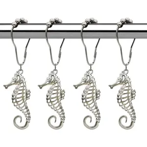 Seahorse Shower Curtain Hooks Rings - Rust Proof Stainless Steel Silver Curtain Hangers, Decorative Hook for Bathroom Shower Rod, Bath Room Accessories Set, Ocean Beach Themed Bathroom Decor, 12 PCS