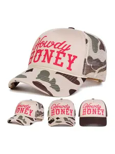 Unisex Howdy Honey Mesh Baseball Cap, Camo Trucker Cap, Adjustable Sun Protection Hat for Outdoor Travel Beach Vacation, One Size Fits All