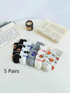5 Pairs Fun Food Pattern Ankle Socks for Men & Women, Novelty Burger Pizza Soda Design, Comfortable Casual Footwear