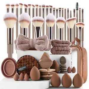 56pcs Professional Ultra-Soft Makeup Brush Set, Includes Beauty Sponge, Powder Puff, Hair Tie, Cleaner, Storage Bag,