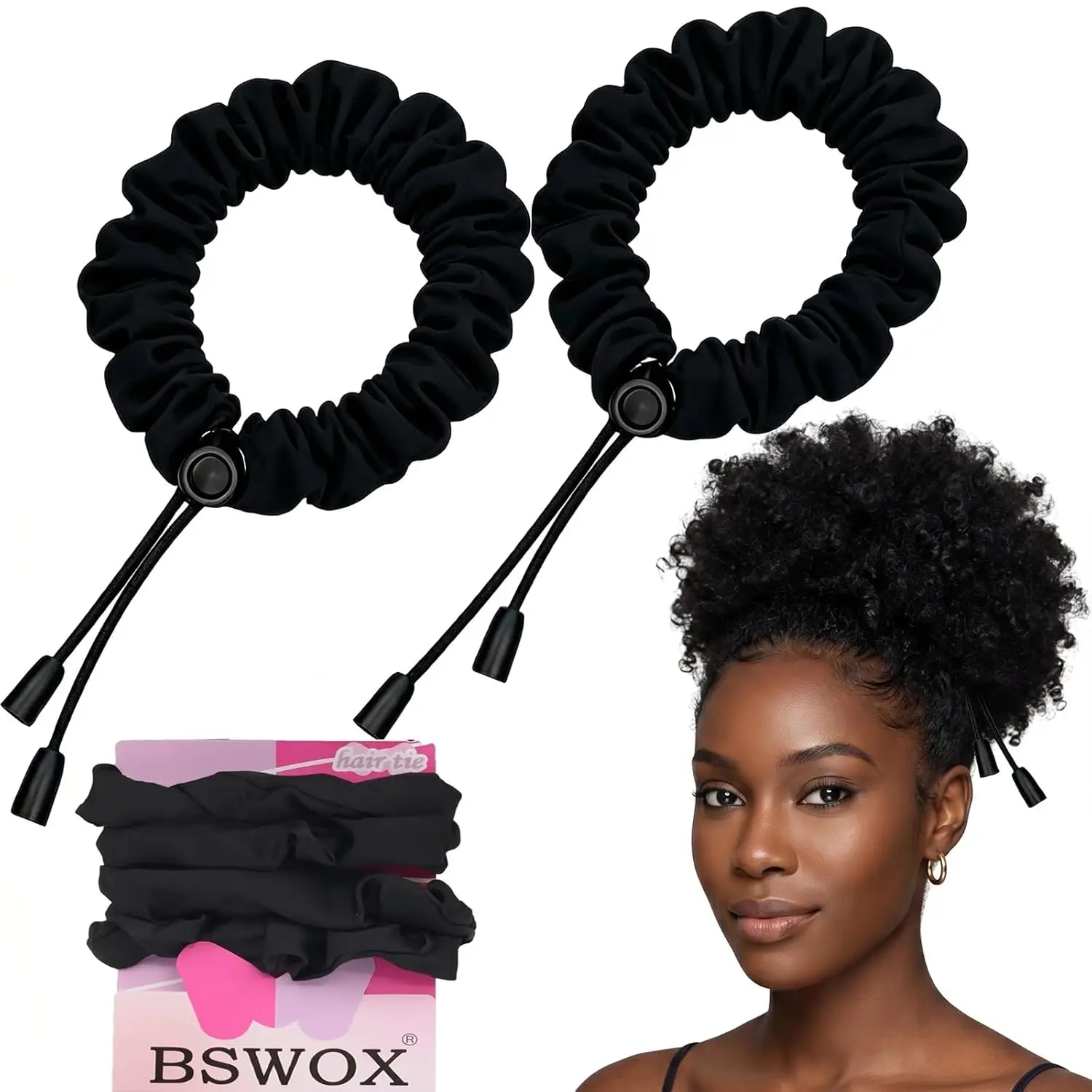 2 Pcs Adjust Satin Hair Tie, Satin Scrunchies for Women Girls, Adjustable Hair Ties for 4c Girlie Thick Curly Natural Hair, No Damage Hair Accessories for Afro Puff Loc Ponytails