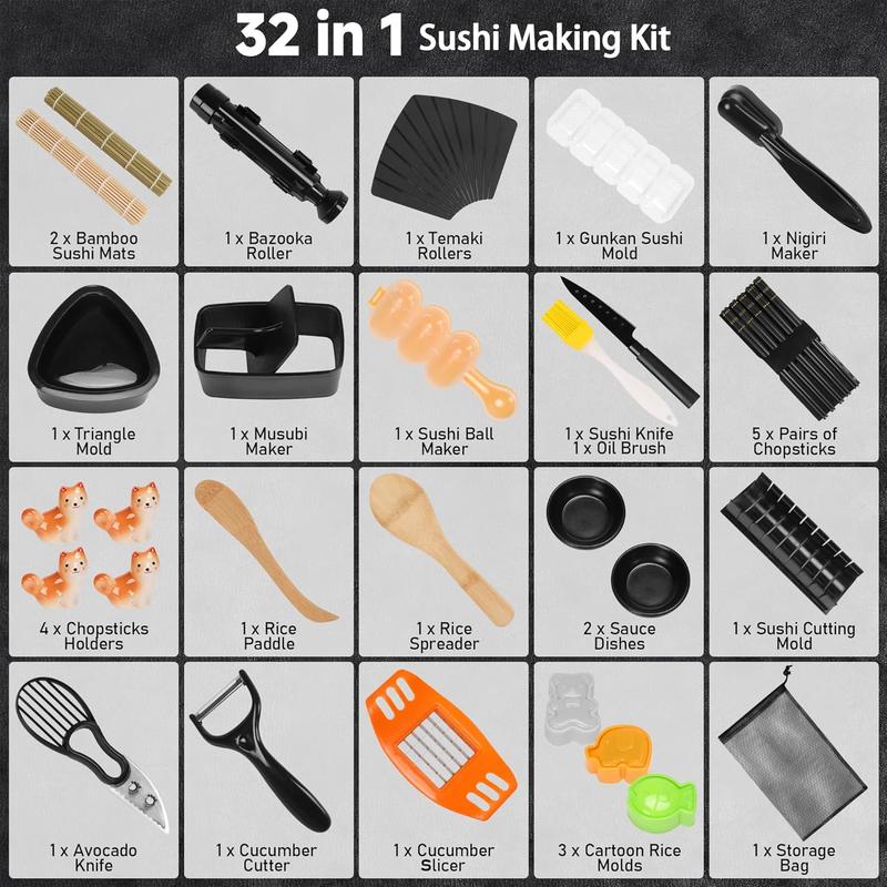 Sushi Making Kit, 32-in-1 Complete Set with Bazooka Roller, Nigiri & Musubi Presses, Bamboo Mats, Knife, Peeler, Animal Rice Molds, Chopsticks & More – Perfect for Family Fun