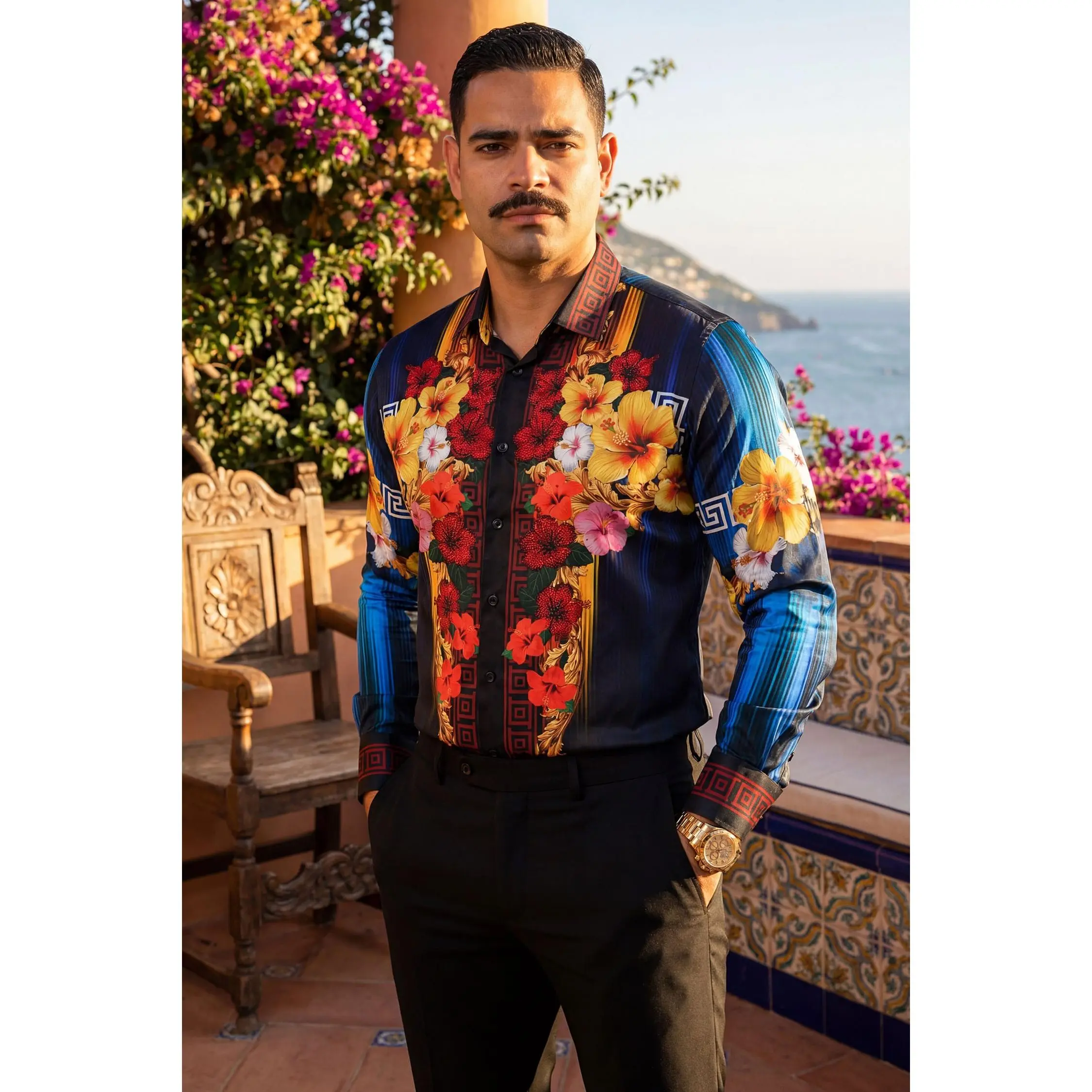 Greca Hibiscus Stone Long Sleeve Cotton Shirt for Men - Slim Fit Striped Floral Tiger Design