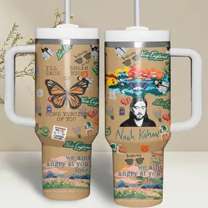 Noah Kahan 40oz Insulated Tumbler with Handle & Straw – Folk Music Fan Travel Mug, Vintage New England Aesthetic Stainless Steel Cup for Concert Lovers