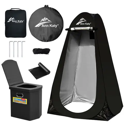 Ann Katy Portable Toilet & Pop-Up Privacy Tent Combo - Adult-Sized Foldable Camping Equipment, 190T Polyester Hiking Shelter, 47*47*74 inches, Trash+Table+Stool Inclusions, 23x23in Tent Packs Small, 16×14×12" Toilet, Carry-Bag, Outdoor Trip Essential