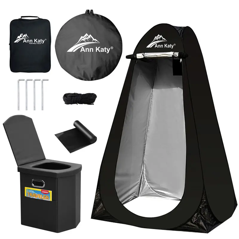 Ann Katy Portable Toilet & Pop-Up Privacy Tent Combo - Adult-Sized Foldable Camping Equipment, 190T Polyester Hiking Shelter, 47*47*74 inches, Trash+Table+Stool Inclusions, 23x23in Tent Packs Small, 16×14×12" Toilet, Carry-Bag, Outdoor Trip Essential