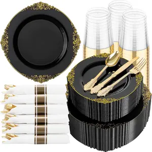 350pcs Black and Gold - Black for 50 Guest, Include 100(20% Thicker Than Standard), 50 Pre Rolled Gold Silverware Set, 50 Cups