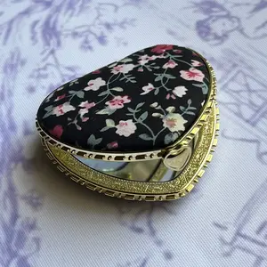 Black Heart Shaped Floral Print Compact Mirror