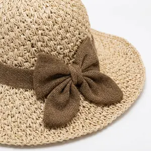 Women's Solid Color Cute Bow Design Wide Brim Straw Hat, Casual Trendy Foldable Sun Hat for Beach, Fashion Accessories for Women & Girls