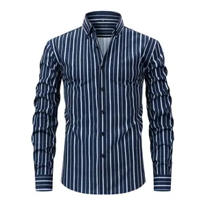 Men's 4-Way Stretch Dress Shirt Navy Stripe Wrinkle Resistant Moisture Wicking Business Casual Everyday Wear S-XXXL High Color Fastness Turn-Down Collar Regular Fit social event umbrella hem