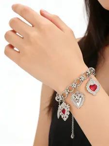 Gothic Heart Pendant Bracelet, Stainless Steel, Winged Sacred Heart Charm, /silver Color, Y2K Punk Style