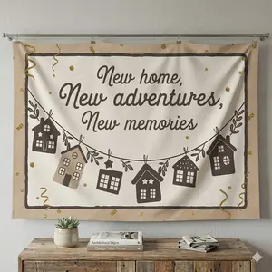 1pc Housewarming Party Banner - "New Home, New Adventures, New Memories" Backdrop Decor with Golden Glitter & Cartoon Houses  Polyester,  Perfect for Holiday Parties, Home Decor & Studio Props, Photo Booth Prop | Ru