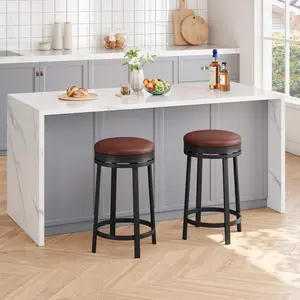 🍸 Spin Into Fun! Set of 2 Swivel Bar Stools – 24" Counter Height, Backless Round PU Leather Seat & Sturdy Metal Frame – Modern Chairs for Kitchen Island or Home Bar ✨