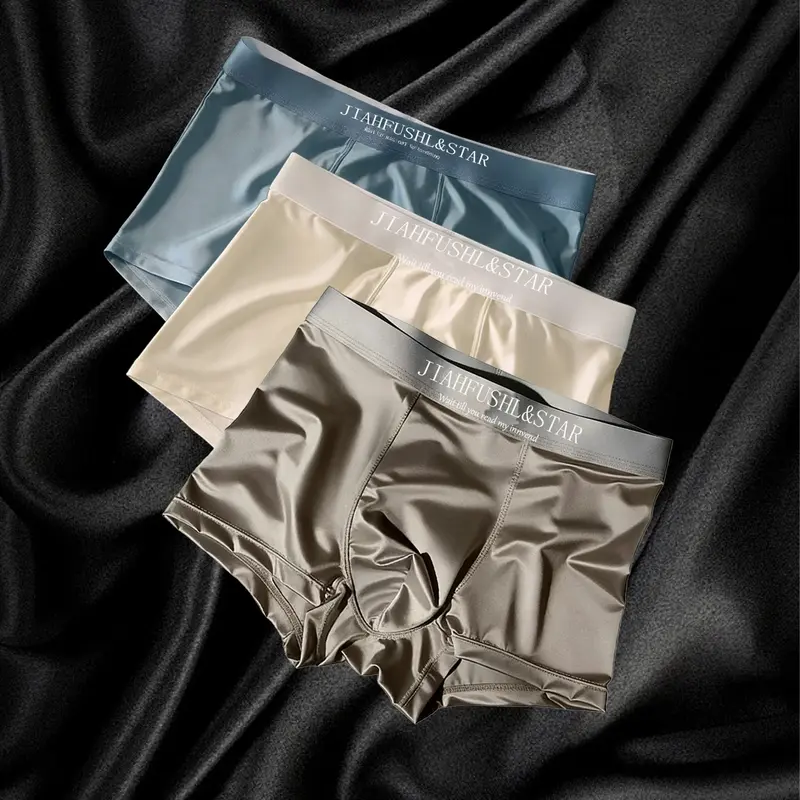 3pcs Satin Ice Silk Men's Underwear, Casual Style Underwear, Smooth Breathable Quick-Dry Summer Boxers, Casual Solid Color Fitted Shorts, Stretchy Boxer Briefs for All Seasons