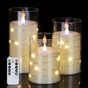 3pcs Acrylic Flickering Flameless Candle, Recessed String LED Candle Lights, Remote Control, Adjustable Brightness, Battery Operated Candle, Suitable for Holidays, Birthdays, Weddings, House Decorations, etc., Home Decor Light, Halloween