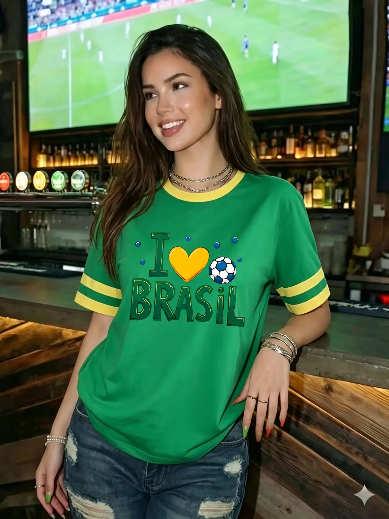 Women's Fashion Color Block Round Neck Short Sleeve T-Shirt, Brazilian Pattern Design, Casual Summer Top, Trendy for Ladies
