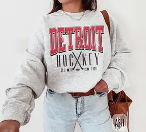 [Sale Up To 45%] Vintage Detroit Hockey Sweatshirt Detroit Ice Hockey Crewneck Michigan Sports  Red Detroit Hockey Shirt