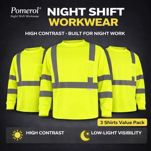 Pomerol Men's High Visibility Long Sleeve Construction Yellow Shirt - Breathable Lightweight Fabric, Pocket, Reflective Strips, 1/3-Pack for Warehouse, Night Safety