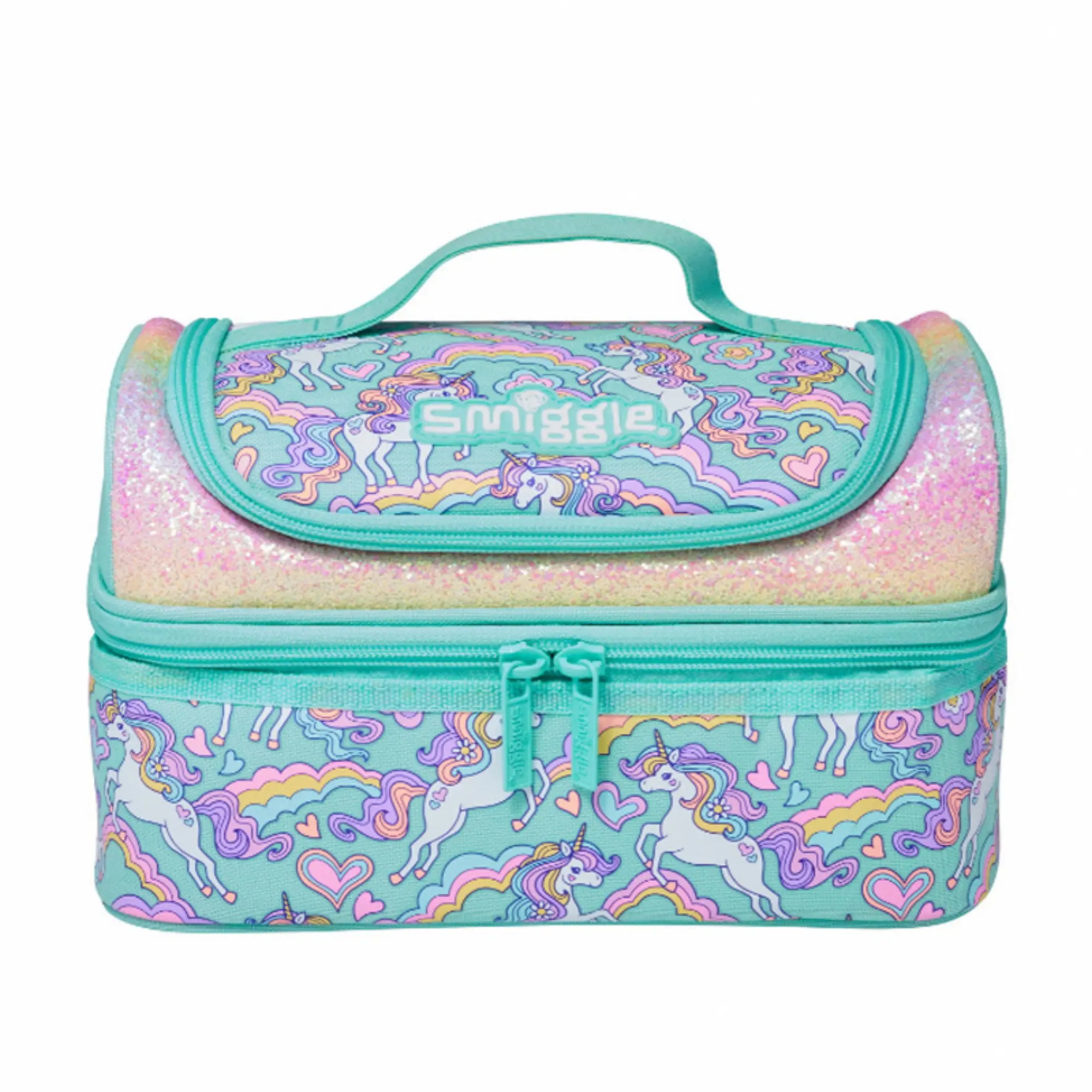 Smiggle Green Rainbow Unicorn Lunch Bag - Double Decker Insulated Thermal Lunch Box Tote Bag