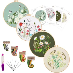 1 Set Beginner Embroidery Starter Kit, Including 4-pcs Embroidery Fabric, 2-pcs Embroidery Frame, 1-pcs Scissors, 7-pcs Embroidery Needles, 4-pcs Embroidery Thread, Instruction Manual, DIY Handmade Adult Needle Tip Kit