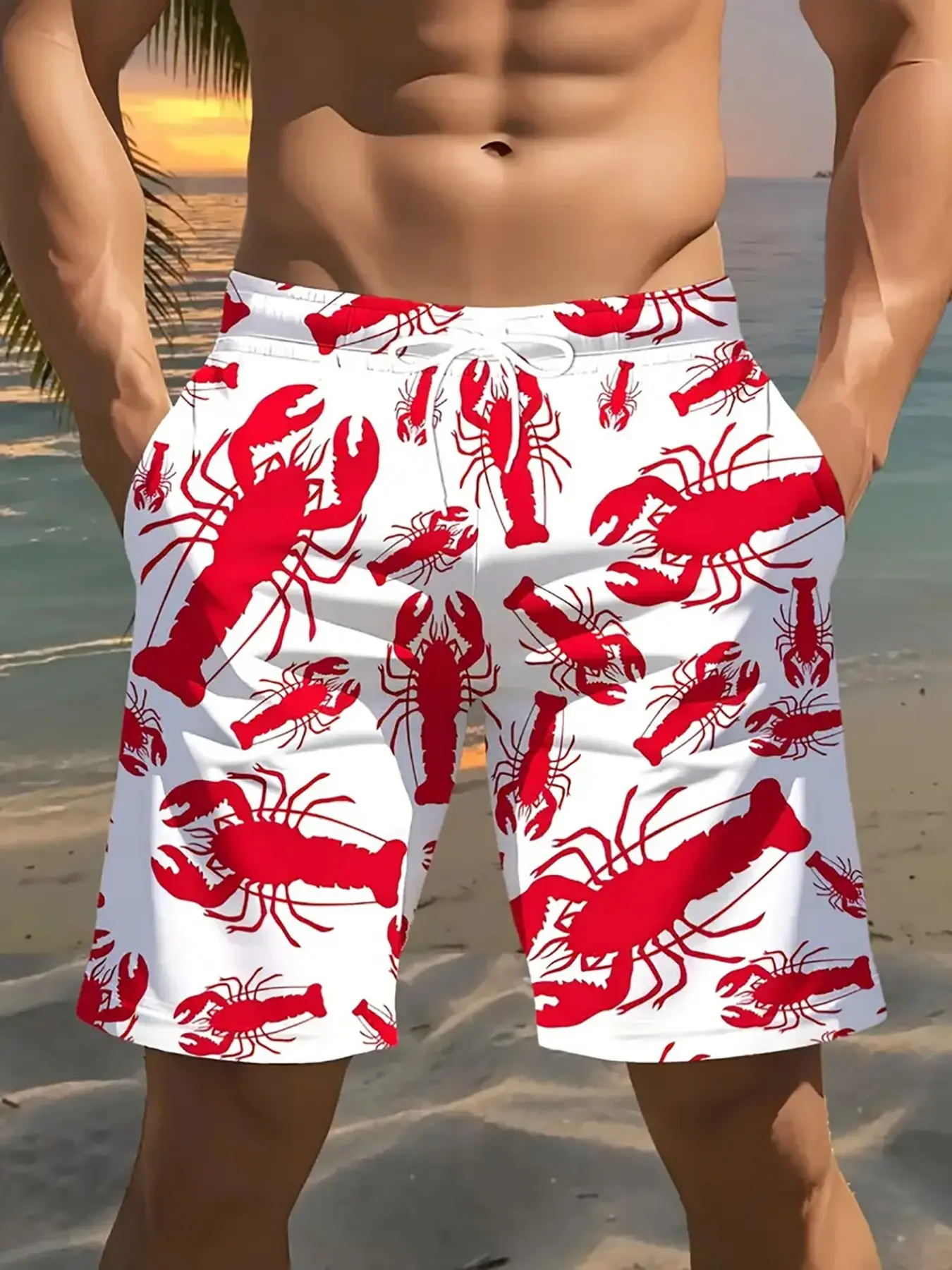 Men's Lobster Pattern Beach Shorts, Summer Quick-Dry Breathable Swim Trunks, Casual Short Pants for Beach Wear, Swimwear Shorts, Swimming Shorts