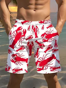 Men's Lobster Pattern Beach Shorts, Summer Quick-Dry Breathable Swim Trunks, Casual Short Pants for Beach Wear, Swimwear Shorts