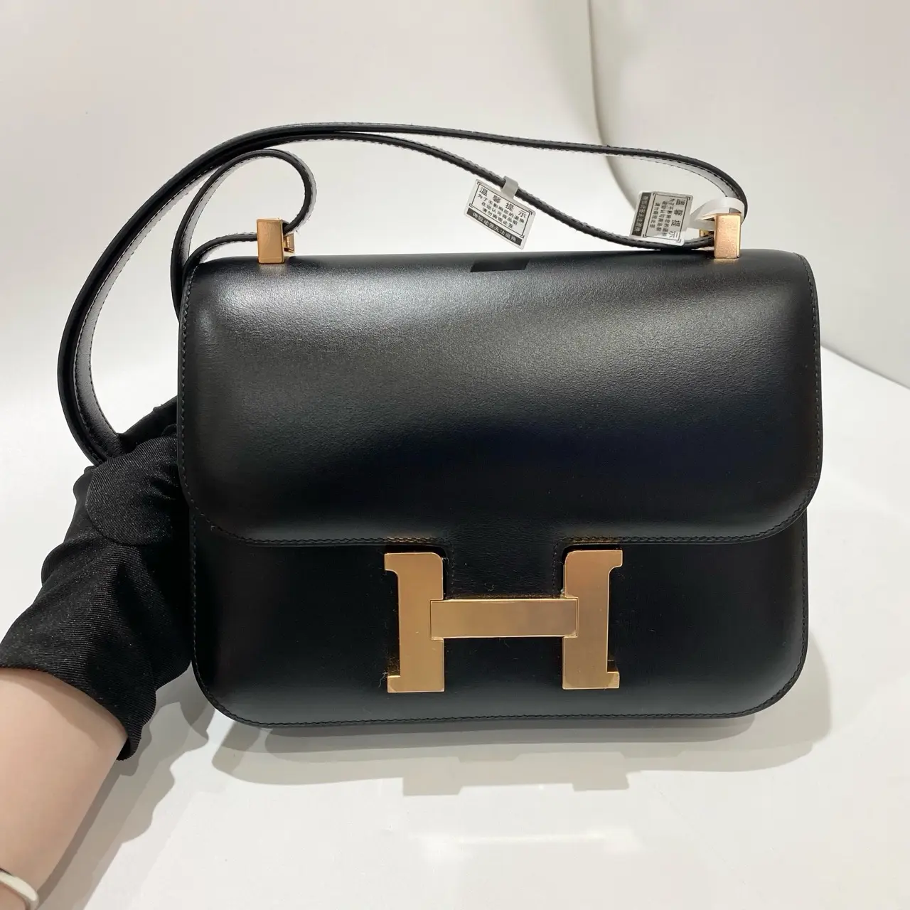 Pre-owned HERMÈS Constance 24 Black Evercalf Leather Rose Gold Hardware New Single Layer With Mirror B Stamp Crossbody Shoulder Flap Bag 2412256