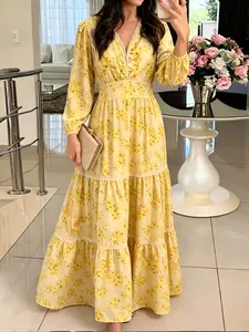 Lady's Bohemian Floral Print V-Neck Long-Sleeve Pull-On Layered Mini A-Line Dress, Spring Casual Wear Ruffled Dress