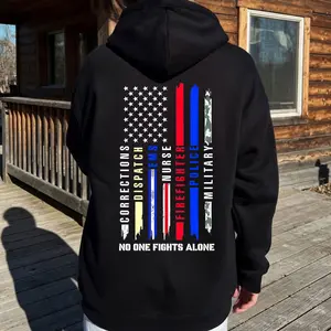 [Made in USA] No One Fights Alone Hoodie, First Responder American Flag Pullover Hoodie, EMS Nurse Firefighter Police Military Support Hoodie, Patriotic Graphic Sweatshirt, Hero Appreciation Gift For Men.