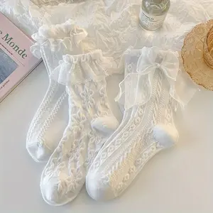 6 Pairs Womens Mid-Calf Lace Socks with Bow Detail  Sweet Lolita Style JK Style, Ruffled Lace Trim, Knit Fabric, White & Black, Hand Wash or Dry Clean, Ruffle Socks Cute Cotton Womenswear Basic