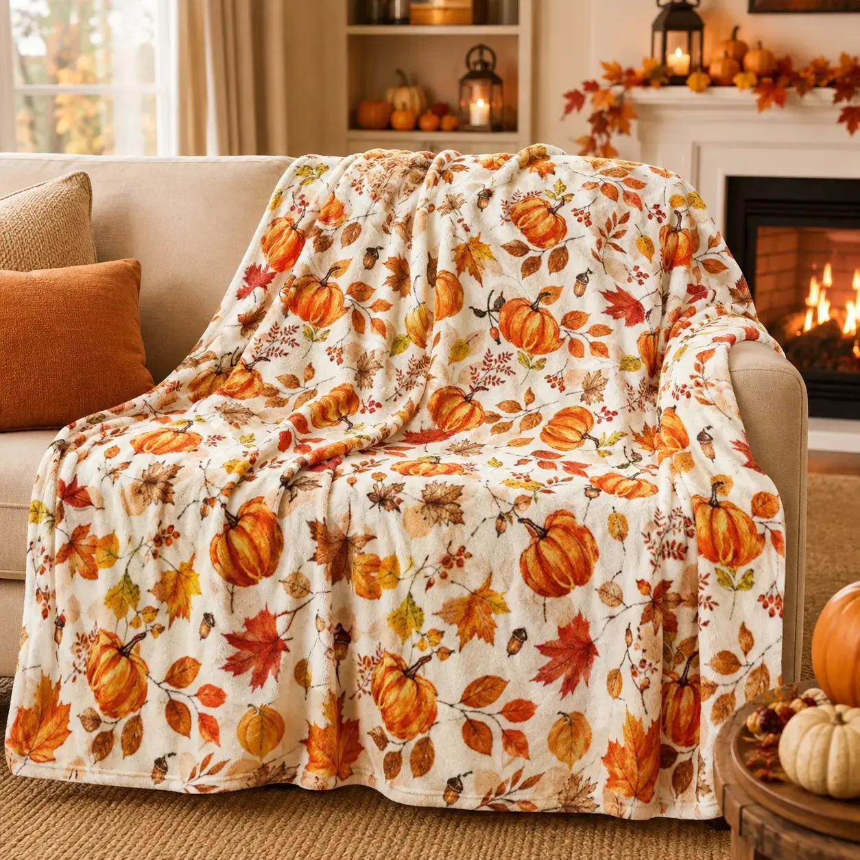 Watercolor Pumpkin & Maple Leaf Fall Flannel Throw BlanketSoft Cozy Warm Fuzzy Plush, Rustic Farmhouse Decor for Bedroom Sofa, Lovely Holiday Gift for Women