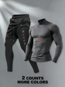 Men's Fashion Two-Piece Gym, Athletic Tracksuit Set, High Neck Tight Top & Layered Shorts, Elastic Fabric, Multiple Colors, Perfect for Fitness & Casual Wear