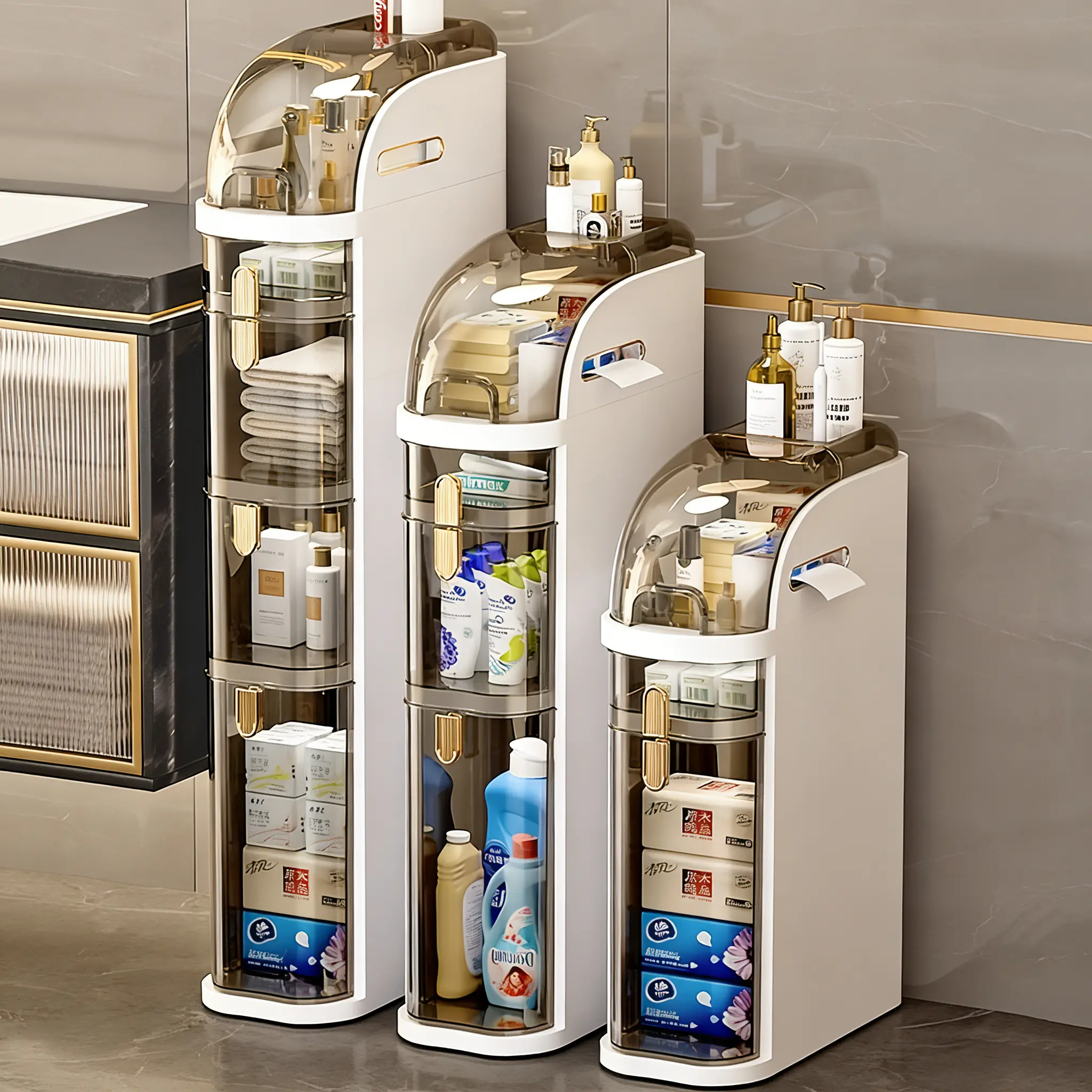 UFORU 4-Layer Ultra-Thin 7.56-Inch Width Drawer Storage Cabinet - Waterproof Narrow Freestanding Floor Unit with Wheels, Built-In Toilet Paper Holder, No Assembly Required, Bath Hacks for Small Bathroom Storage & Organization